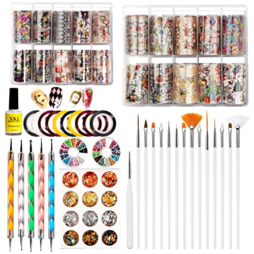 Nail Art Brushes Set, Nail Art Decorations Kit for Halloween Christmas Nail Stickers with Nail brushes Self-Adhesive Nail Foil Stickers and Nail Rhinestones, Nails Kit with Nail Beauty Tools
