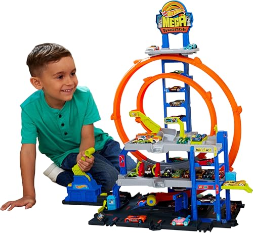 Hot Wheels City Mega Garage con Elevador, Pista de Tres Niveles y Helicóptero, Juego Interactivo con Auto a Escala 1:64, para Niños de 4 Años en Adelante