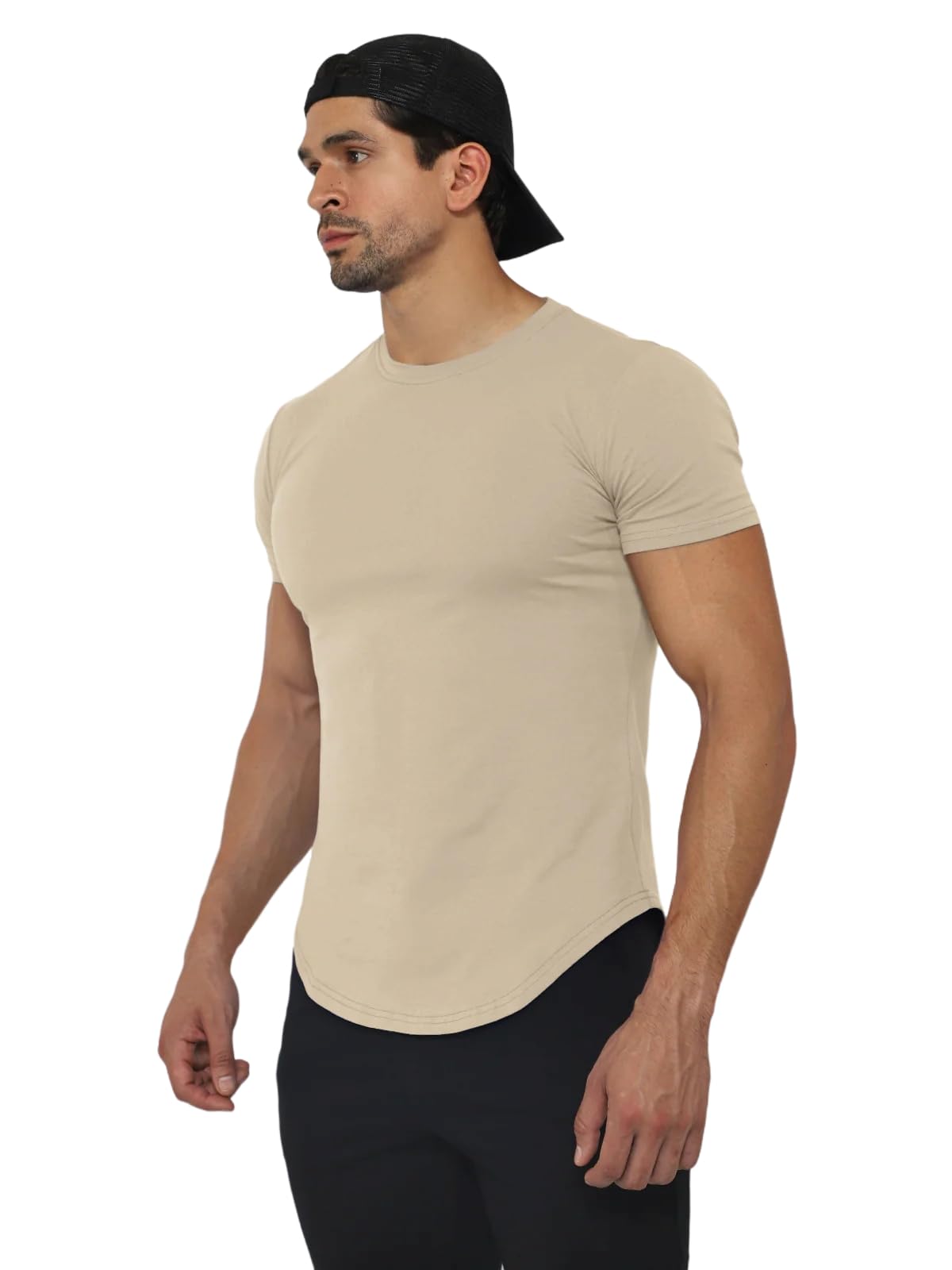 AhaAha Selected Men's T-Shirt Kore Curved Hem T-Shirt Muscle Fit Crew Slim Fitness Round Neck