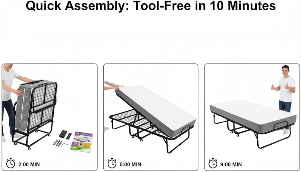 Foldable Bed with 5" Memory Foam Mattress, 75 x 31 Inch Portable Guest Bed - Steel Frame, Wheels for Adults, Camping & Home Use