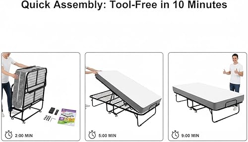 Miniatura 6 de Cama plegable con colchón de espuma viscoelástica de 5 pulgadas, cama portátil de invitados de 75 x 31 pulgadas, marco de acero, ruedas para