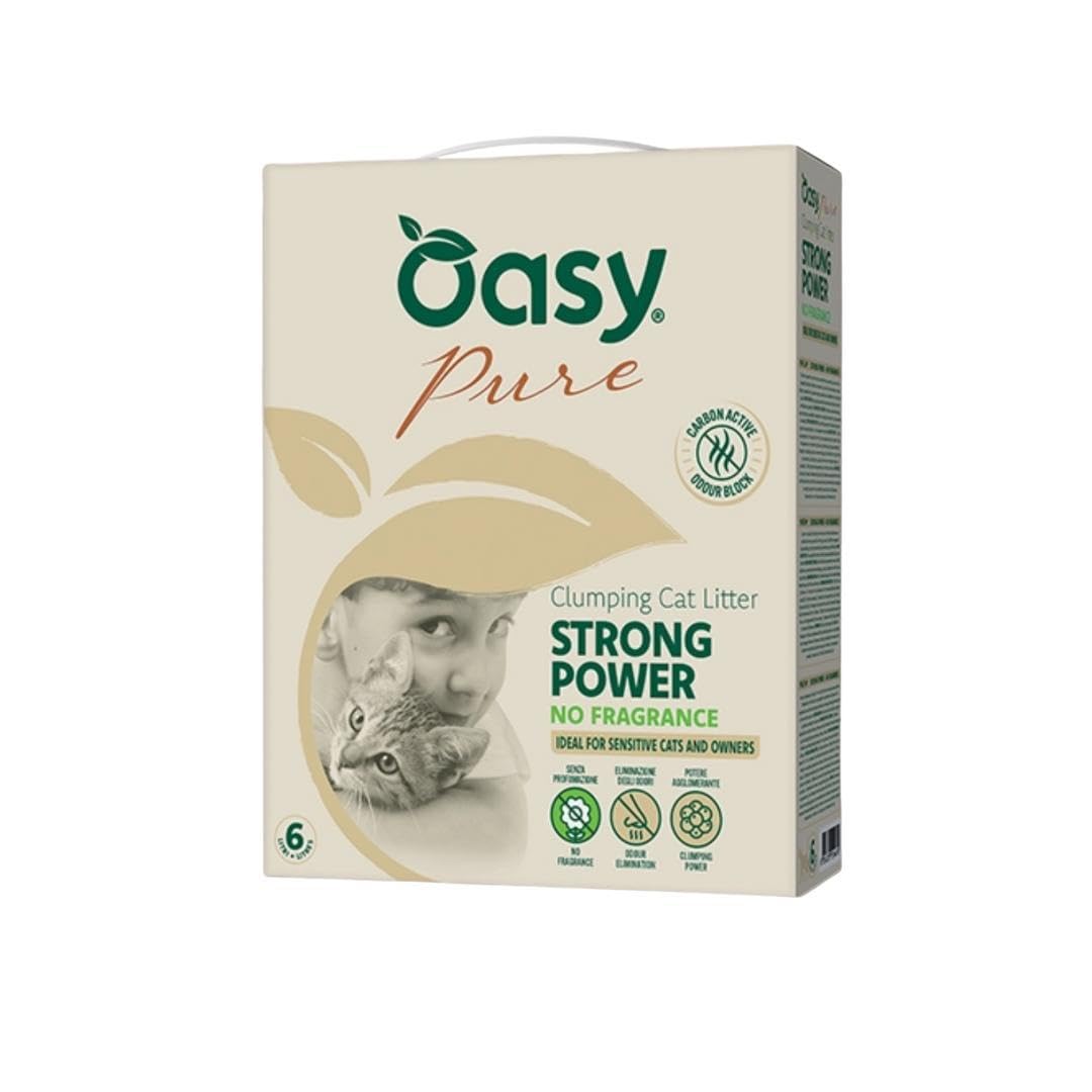 Arena Oasy para gatos Strong Power sin fragancia, arena súper aglomerante con carbón activo para gatos sensibles de todas las edades y tamaños | 1 paquete de 10 litros.