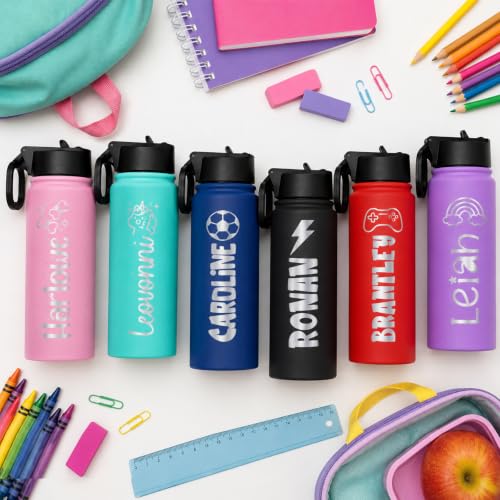 Image of Ships from USA,Custom Water Bottle For School, 18 oz Personalized Stainless Steel Kids Water Bottle with Straw Lid,Double Wall Insulated BPA Free ,Personalized Gifts for Boys Girls (Engraved Names)