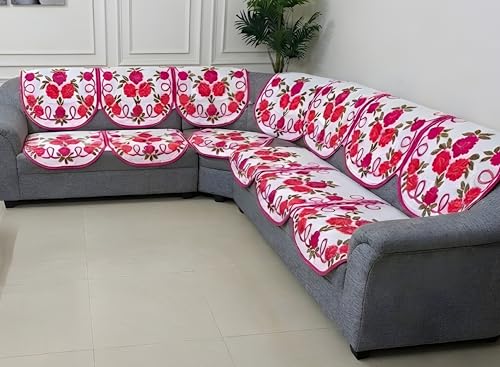 Image of Fab Nation Sofa Cover L Shape 6 Seater with Corner L Type Fully Covered Sofa Set for Living Room | Cotton Sofa Slipcovers for 3 + 3 Seaters Cover Set | Pink