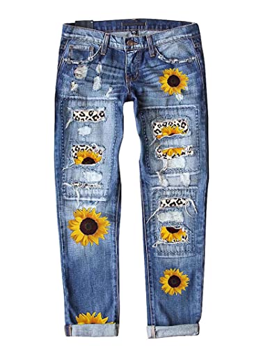 Astylish Women Sunflower Distressed Boyfriend Jeans Raw Hem Mid Waist Denim Stretchy Ripped Washed Ankle Pants Xx-Large, casual