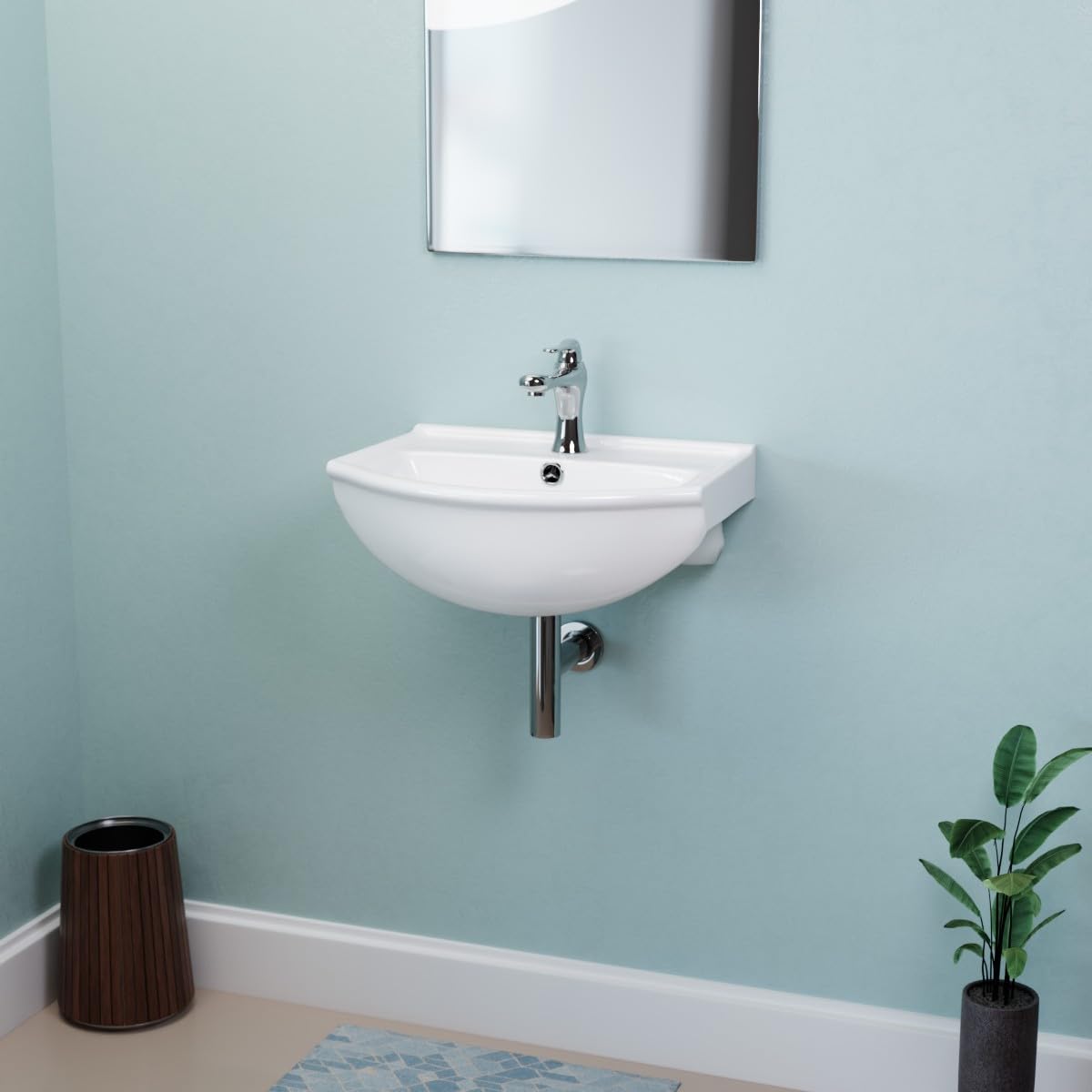 Tahoe - Fregadero de baño pequeño de montaje en pared, de 17.7 in, de cerámica, color blanco, con arco de pared, fregadero flotante con desbordamiento y agujero de 3