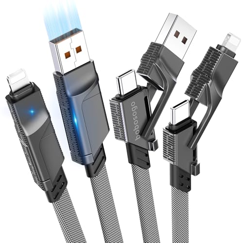 Câble USB C 4 en 1 charge rapide 60W nylon plat anti-nœud pour iPhone et Samsung