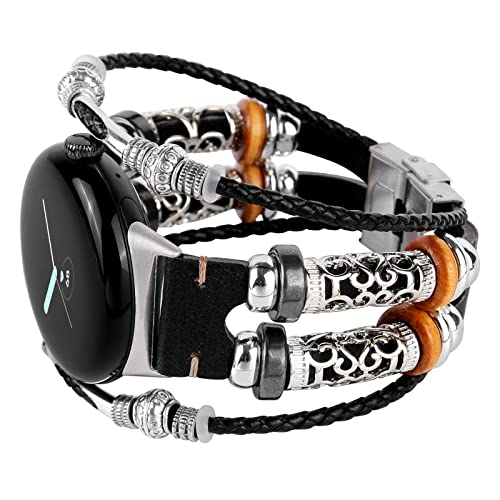 KONAFEI Compatible with Google Pixel Watch 2 (2023)/ Pixel Watch Band, Slim Handmade Leather Bracelets Boho Bead Metal Jewelry Retro Strap Wristband Accessories for Women and Men (A+B-Black)