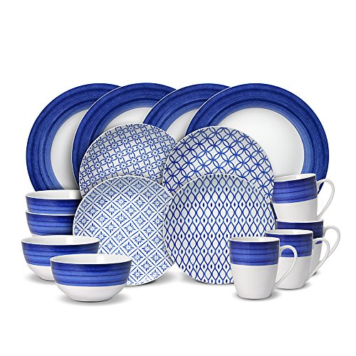 Gourmet Basics Madison 48 Piece Dinnerware Set, Service for 12, White and Blue