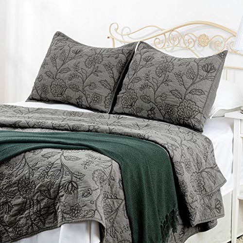 ELEGANT LIFE HOME 100% Cotton Night Blossom Floral Pattern Embroidery Pillow Shams, Standard Size Pillow Cover, 20'' x 26'', Grey, 1 Piece