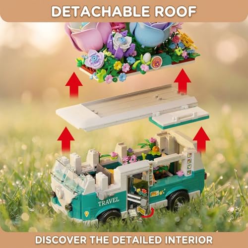 HJPLPXH Flower rv Camper Van Building Set 862 Piece Botanical Travel Bus with Opening Side Cabin Outdoor Table Chairs Creative Gift for Teens Adults, Home Decor STEM Educational Assembly Building by HJPLPXH - Image 3