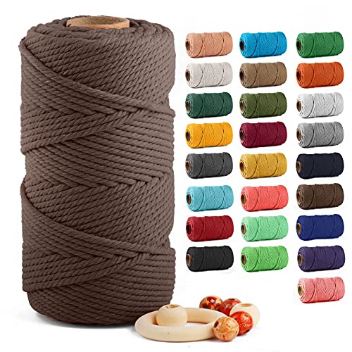 Macrame Cotton Cord 5mm x 109 Yards, ZUEXT 100% Natural Handmade Colorful 4 Strands Twisted Braided Cotton Rope for Wall Hanging Plant Hangers Gift Wrapping Tapestry DIY Crafts(100m, Brown)