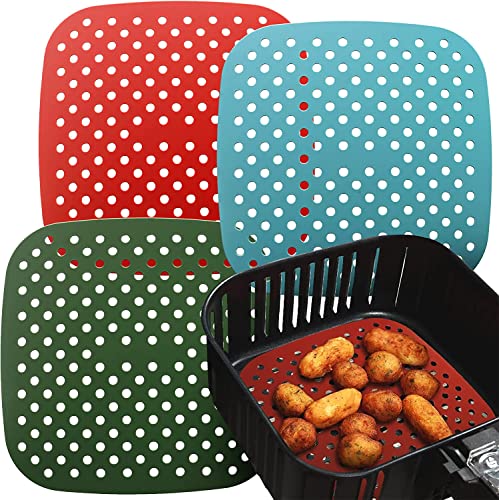 Reusable Square Silicone Air Fryer Liners (7.5 Inch, 3 Pack) by Linda’s Essentials - Non-Stick, Easy-Clean Accessories with Cheat Sheet & Recipe Book, Perfect for Quick Meals