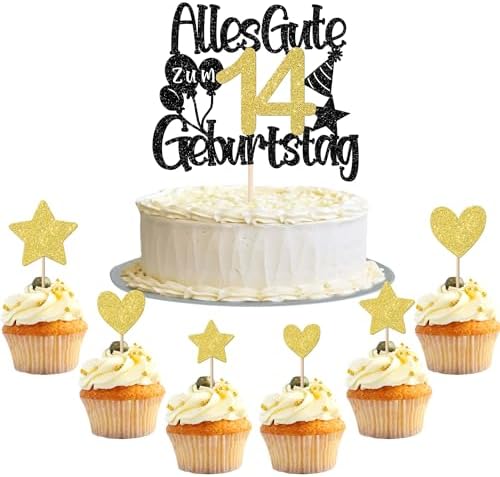 21 Stück Alles Gute zum 14 Geburtstag Tortendeko 14th Happy Birthday Cake Topper Kleiner Stern Herz Kuchen Deko für Junge Mädchen 14th Geburtstag Party Kuchen Dekoration Schwarz Go
