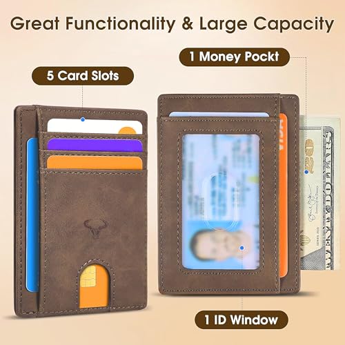 Image of Contacts Genuine Leather Slim Wallet | RFID Blocking Skinny Minimal Thin Front Pocket Wallet Sleeve Card Holder for Men | Up to 7 Card Slots Including 1 ID Window (Hunter Brown)