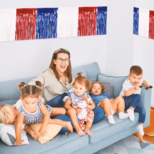 Image of 4 Packs 10 Feet Long Foil Fringe 4th of July Garland Memorial Day USA Red White Blue Independence Day Tinsel Metallic Patriotic Wall Hanging Banner for Car Parade Floats Garden Decorations