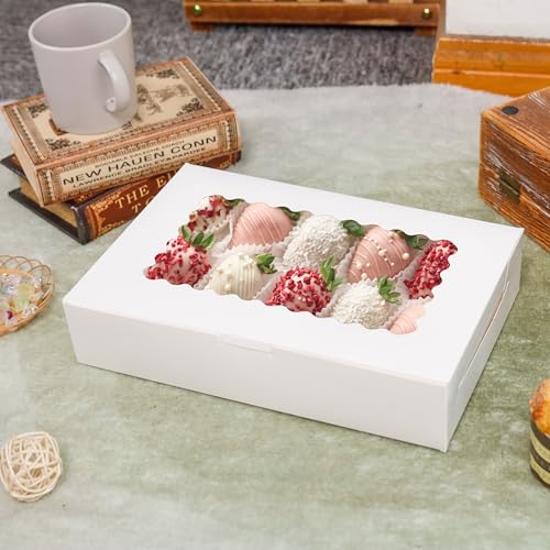 BTSD-home Keksboxen, 30,5 x 20,3 x 6,3 cm, Bäckerei-Boxen mit Sichtfenster, Leckerli-Boxen für Kekse, Verpackung, Geschenk, Dessertboxen für Erdbeeren, Donuts, zerbrechbares Herz (weiß), 30 Stück