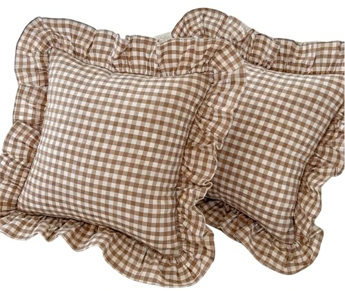 Funda de Cojín Tartán Escocés con Volantes - Juego de 2 Funda de Almohada Cuadros Clásicos 45x45 cm Fundas de Cojines Decorativas para Sofá, Dormitorio, Coche(Brown,65 * 65cm)