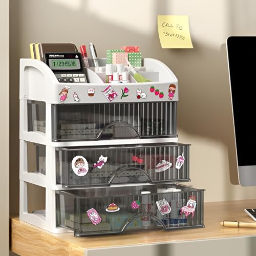 Image of HoopVool Desk Makeup Organizer, White 2-Layer Plastic Storage Box with Sliding Drawer, Stylish Display Case for Cosmetics, Lotion, Nail Polish, Brushes, and Jewelry