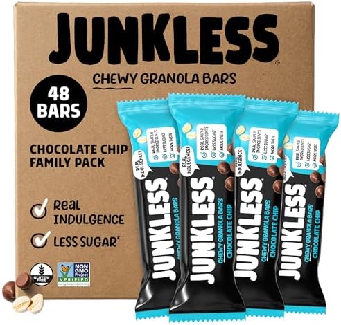 JUNKLESS Chewy Granola Bar 48 Bar Family Pack Chocolate Chip – Less Sugar, Non‑GMO, Gluten‑Free, Wholesome Snack Bars for Kids & Adults, 8 Boxes