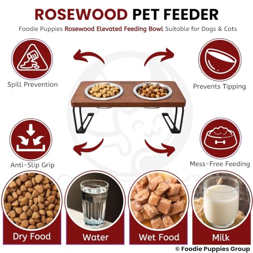 Image of Foodie Puppies Elevated Rosewood 2-in-1 Dog & Cat Feeder with Dual Stainless Steel Bowls (250ml Each) | Raised Wooden Feeding Stand | Anti-Slip Metal Legs | Food & Water Bowl