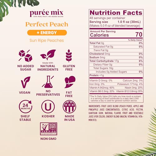 Image of Smartfruit Perfect Peach + Energy - 100% Real Fruit Puree with Peach, Apple & Pineapple - Great for Smoothies, Juice, Yogurt, Cocktails, Teas & More - High in Niacin & Vitamin A, B6, B12 - 48oz