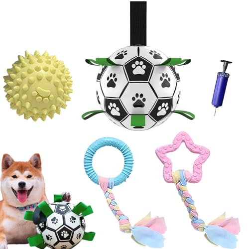 DALAETUS 5 Piezas Juguete para Perro Kit, Fútbol Interactivo para Perro, Pelota Juguete Perro con Cuerdas de Algodón, Juguetes para Masticar con Limpieza Dental para Entrenamiento y Ejercicio