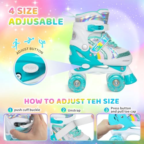 Image of Girls Rainbow Unicorn Roller Skates for Big Kids ages6-12 7 8 9 10, 4 Size Adjustable Quad Skates with All Light Up Wheels - Best Birthday Gift for Outdoor Sports - Teal
