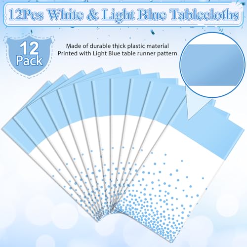 Image of 12Pcs White Light Blue Tablecloth Party Decorations,Plastic White Table Cloth Printed Baby Blue Tables Runner Disposable Rectangle Table Cover for Birthday Baby Shower Wedding Party,54 x108 Inch