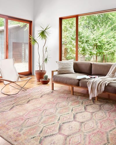 Loloi Layla Collection LAY-17 Pink/Lagoon 2'-0" x 5'-0" .13" Thick Accent Rug, Soft, Durable, Vintage Inspired, Distressed, Low Pile, Non-Shedding, Easy Clean, Printed, Living Room Rug