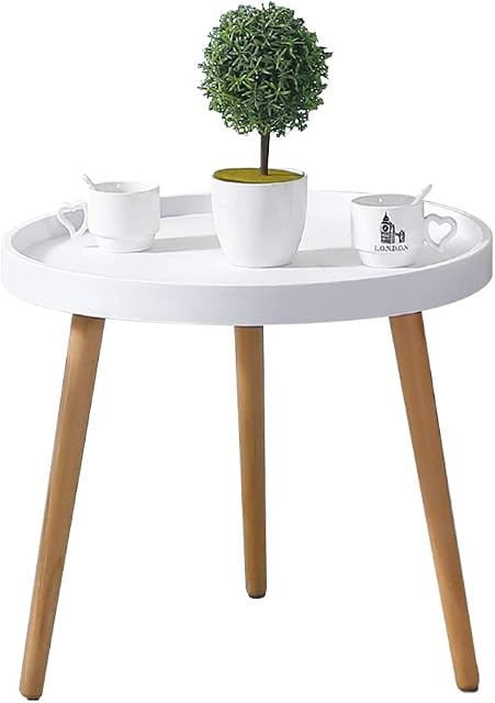 CLIPOP White Round Side Table, Modern Small Coffee Table Living Room Sofa Side Table with Wooden Legs for Living Room Bedroom (50 * 45 cm)