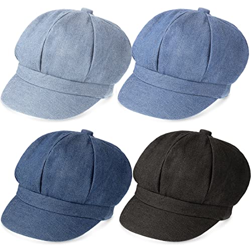 4 Pieces Visor Beret Hats Soft Women Newsboy Cap Plain Blank 90S Hat 8 Panel Baker Boy Hat Vintage Cabbie Cap For Women Girls (Denim Color) #TOP28