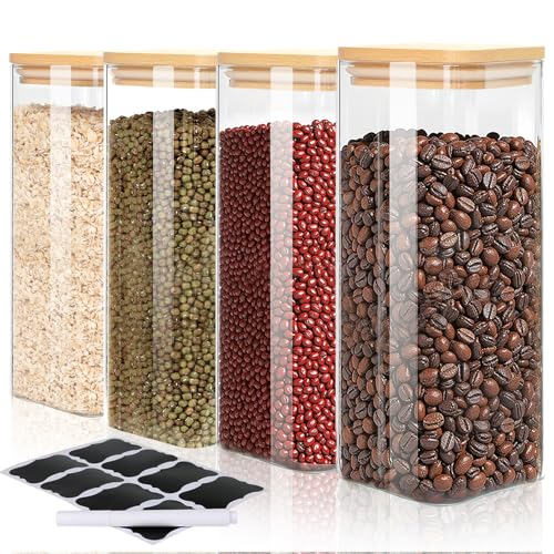 FoiiLiio 1000ml Tarros de Cristal, Hermético Juego de 4 Botes de Cristal con Tapa de Bambu, para Cereales Judías Avena - Φ8.0x20cm