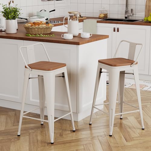 Image of Yongchuang 30 inch Bar Stools Set of 2 Kitchen Bar Height Chairs with Wood Seat Industrial Low Back Metal Barstools Cream White