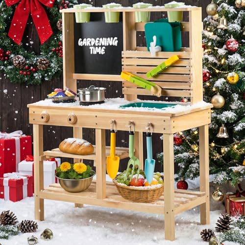 [DREAM BUILDING] Mud Kitchen for Kids Outdoor, Toddler Wooden Pretend Play Kitchen Playset with Sink, Cookware, Stove, Chalkboard, Faucet & Storage Shelves for Backyard Garden Toy Gift for Ages 3+