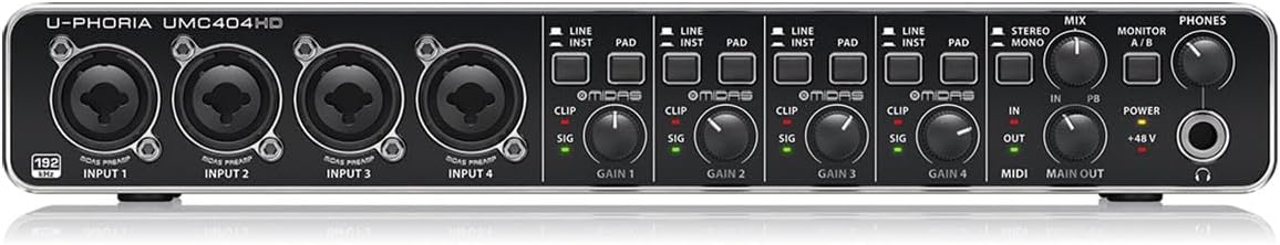 Front panel of the Behringer U-PHORIA UMC404HD USB Audio Interface