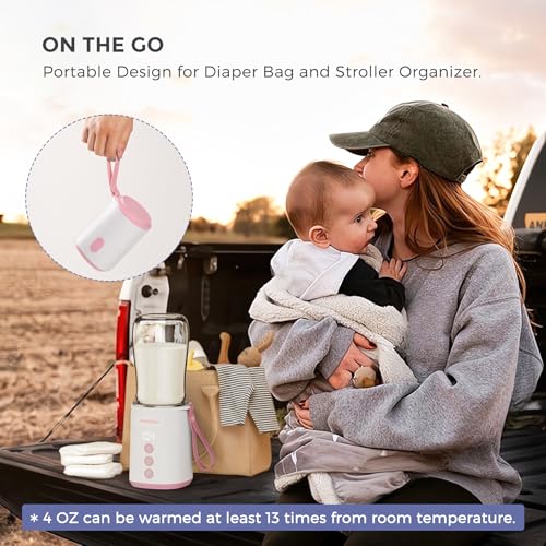 MOMFANN Portable Bottle Warmer, Travel Baby Bottle Warmer for Breastmilk, Leak-Proof, Fast Heating, Multi-Level Temperature Control and Automatic Shut-Off, Pink