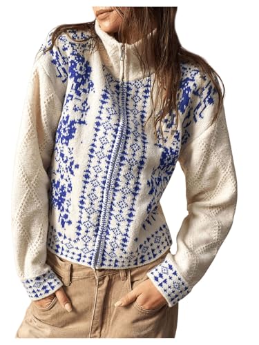 Milumia Women's Zip Cardigan Sweaters Boho Floral Printed Long Sleeve Knitwear Outerwear