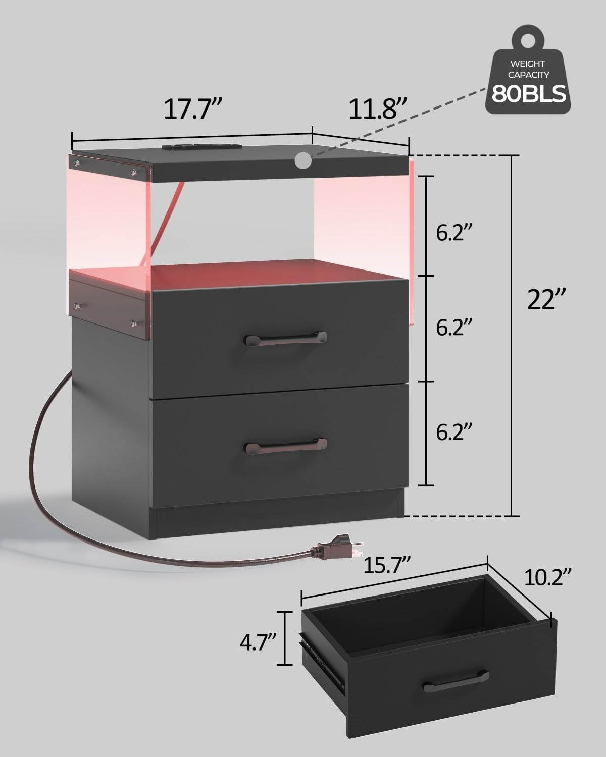 Nightstand with Charging Station and LED Lights,Night Stand with 2 Drawers,Bedside Table with Drawers,Modern LED Nightstands for Bedroom,Black