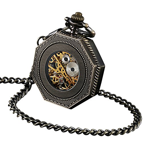 ShoppeWatch-Pocket-Watch-with-Chain-Bronze-Octagon-Case-Steampunk-Railroad-Style-Mechanical-Movement-Reloj-Skeleton-PW-221