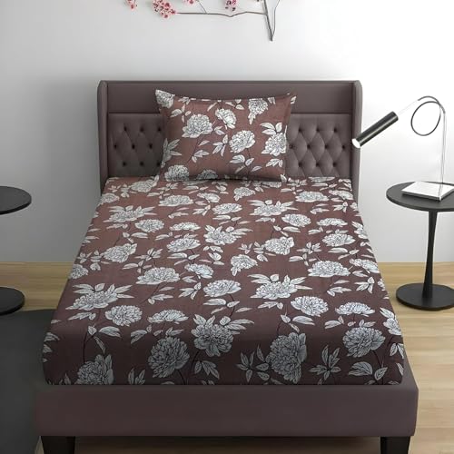 Image of Blue Strip Polycotton Fitted Bedsheet, Single 42x75 (Brown White Flower) | 300 TC | All-Round Elastic Grip | Soft, Breathable & Colourfast | Wrinkle Resistant | Machine Washable