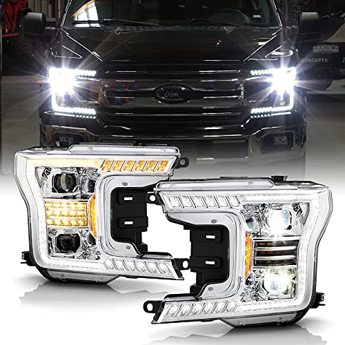 ACANII - For 2018-2020 Ford F150 Chrome LED Tube w/Sequential Signal LED Projector Headlights Headlights Set Left+Right