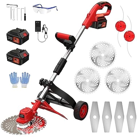 Cordless Weed Wacker, 9-inch Electric Weed Wacker Battery Powered with 2 Pcs 4.0Ah Batteries, 3 in 1 Wheeled Grass Lawn Trimmer/Brush Cutter,3 Types Blades Lightweight Edger Trimmer for Yard Care Cover