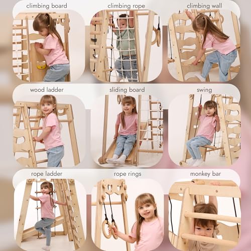 Image of Goodevas Improves 9-in-1 Indoor Climbing Frame for Kids, Montessori Climbing Frame with Slide, Swing, Climbing Wall, Climbing Triangle - Playground for Nursery