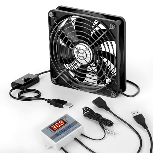 ELUTENG USB Fan 120mm with Digital Temperature Controller, 5V USB Powered PC Computer Fan 1500RPM 3 Adjustable Speeds Electronic Cooling Lufter with Metal Grill for Laptop/TV Box/AV Cabinet/PS5/Router