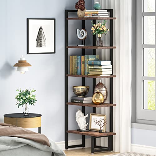 Little Tree Industrial 5 Tier Wood Corner Shelf Stand With Rectangle Board, Corner Storage Rack Shelves Display Plant Flower, Stand Ladder Bookcase For Home Office Kitchen Bedroom, Rustic Brown #TOP1