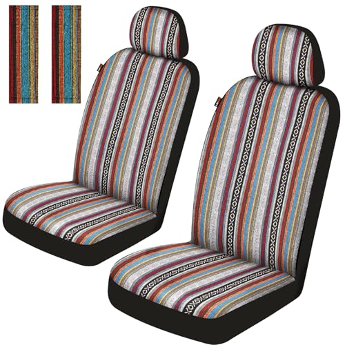 Sino Salected Baja Saddle Blanket Car Seat Covers Front Set with Seat Belt Pads, Washable Breathable Striped Woven Cloth Seat Covers for Cars, SUV, Truck, Airbag Compatible(Red)