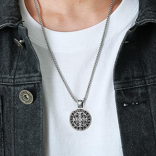 Mens Stainless Steel St Benedict Medal Necklace,Silver Catholic Medalla Cross Demon Protection Roman Exorcism Pendant Ghost Hunter,Medalla De San Benito Medalla4