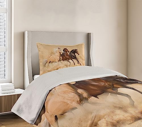 Lunarable Horses Coverlet Set Twin Size, 3 Horse Running In Desert Storm Mythical Mystic Messenger Animals Habitat Print, 2 Piece Decorative Quilted Bedspread Set With 1 Pillow Sham, Brown Cream #TOP5