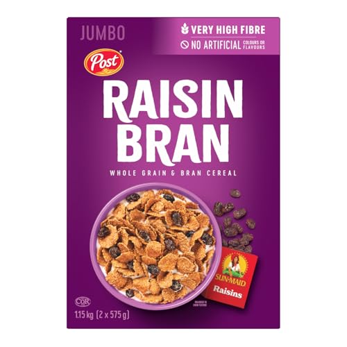 Post - Post Raisin Bran Breakfast Cereal, Very High in Fibre, Made with 100% Sun-Maid raisins, Prepared in Canada, Jumbo Size 1.15 Kg